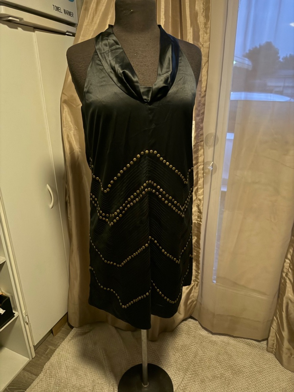 Black Halter Mini Dress with Studded Chevron Detail